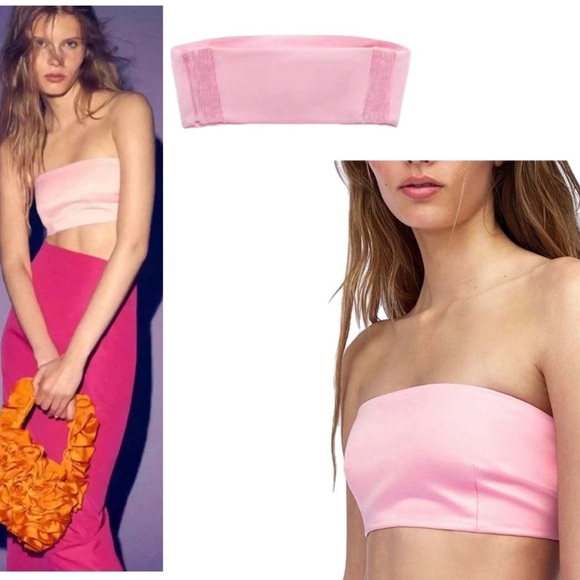 Zara light pink satin effect bandeau strapless crop top Sz L NWT - Picture 2 of 13
